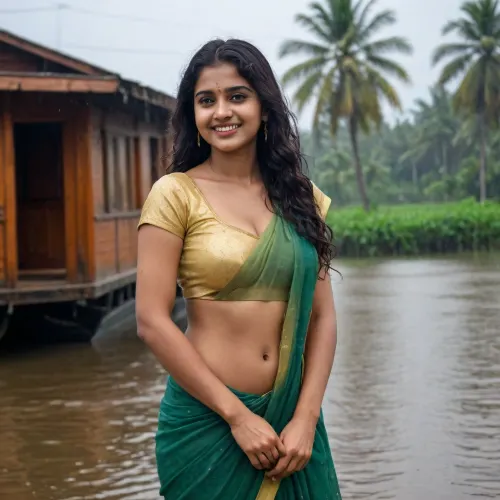 Sweaty wet Girl, 21 years old, Indian, long black wavy Hair, blouse and saree, sweaty oiled skin, cleavage, seductive Smile, full body view, Rain, kerala, backwaters, house boat, standing in the house boat
in kerala back waters. house boat view from far