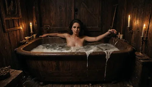 30 year old Maid in 1870s vintage hairstyle, bathing in wooden bathtub, viewer perspective through opened door, hairy pussy, dirty water, undressed, clothes on floor, dirt on skin, in dark room with mold and broken wood, pooping, poop on fingers, soap bar, masterpiece, (ultra realistic:1.1), (8k), (ultra quality), (uhd), (detailed:1.13), (at midnight:1.2), (very slight moonlight), vintage 1870s colored, soft, glowing, (large candles:1.2), <lora:LCMTurboMix_Euler_A_fix:2>, <lora:Creat0r_MagicDetailzV2_FIX:1.4>, <lora:dark:.1>