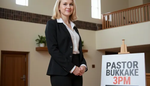 A petite woman is wearing a black pantsuit with white blouse, she has shoulder-length blonde hair, in a modern church. Next to her stands a poster stand. On the poster in the stand is text printed in large letters "PASTOR BUKKAKE 3PM".
