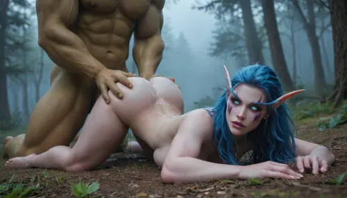 (Giant Muscular bright green Orc), (small thin Night elf woman, long pointy ears, bright blue hair, glowing blue eyes, warcraft:1.1), (dark purple skin, purple elven face markings:1.2), pussy focus, laying on back anal, ((face down on the ground, ass up)), grabbing neck with hands, (cum on ass:1.4), cum from anal, magical forest, blue fog, at night, ((sideboob visible)), (wide hips:1.5), (arched back:1.3), (soft ass:1.4), ((ass spread apart)), BadX, WoW-ish, <lora:WoW-ish:.8>
