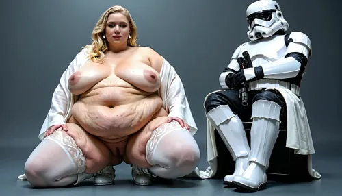 Hetero couple, (1man, Stormtrooper, (wearing helmet, wearing armor)), (1girl, extreme fat, obese, fattened, slight cellulite, stretch marks, stuffed, sagging belly, big, fat ass, star wars blonde ssbbw Princess, (no helmet!!!!!! !!), (white stockings, opened white robe, white boots)), beautiful, extreme overweight, wobbly body, seducing look, masterpiece, highest quality, ultra detailed, extreme high quality, RAW file, high quality textures, erect nipples, realistic detailed skin, realistic detailed hair, realistic detailed breasts, realistic detailed eyes, realistic detailed pussy, random view angle, detailxl, <lora:add-detail-xl:.8>, <lora:style_lora_realis:.8>, fat ssbbw princess wears no helmet.show long blonde hair !!!! !!!!!!!
no helmet for the fat princess !!!!
close up