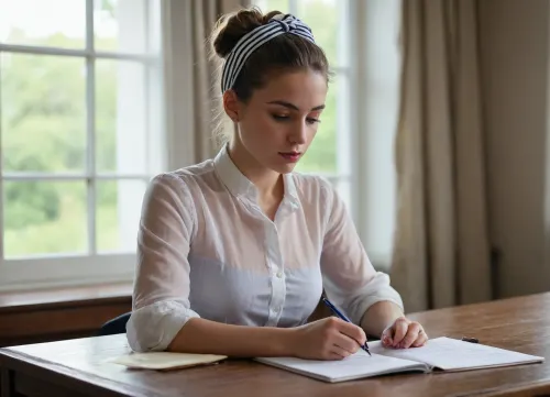 The image shows a young woman sitting at a table with an open notebook in front of her. She is wearing a very very wide opened transparent light white blouse and no bra under it, (her left titt is falling out of her blouse. other titt is looking half outside), Her delicate and petite skin shines through the transparent blouse, making all the contours of her body look and feel very aesthetic. Her hard nipples stand out. you can see in her face that she likes it to be exposed. she bite on her lips like a horny young girl that is not far away from her first clitorial multiple orgasm, she opened more her blouse. Her dark red and 5-Mark-sized hard nipples are very well visible under the blouse and shine through the transparent fabric. her hair is tied up in a bun with a black and white striped headband. The woman is holding a blue pen and appears to be writing in the notebook. The background is blurred, but it seems like she is in a room with a window and curtains. The overall mood of the image is focused and contemplative.