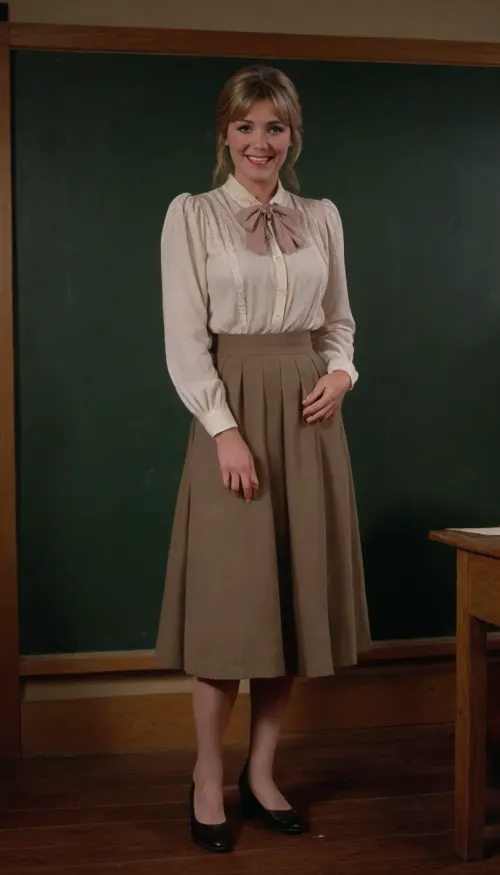 full body view, Charlotte Stewart in little house in the prairie, smile, slim body, heavy saggy breasts, sexy attitude, wide open blouse, pull up skirt, she writes on the board of her old classroom