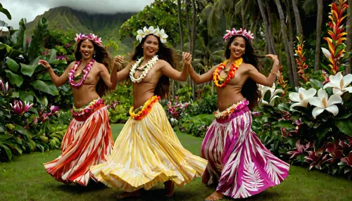 masterpiece, high resolution, ultra detailed, 8k, Three Hawaiian girls dancing the hula, wearing long skirts made of brightly colored fabric, topless, with long flower necklaces, their hair adorned with large magnolia flowers, against a backdrop of flowering plants, lots of flowers of different colors, super detailed photorealistic image, full body view, 8K quality