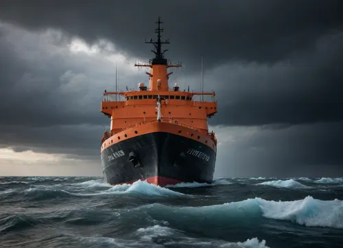 fantasy, icebreaker ship to Antarctica, storm sea, outdoors, photography