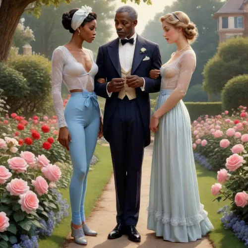 masterpiece, best quality, 1girl, 1black man, (an old black man with a naked torso And torn trousers), Lustfully looks at a poor old black male gardener in a park watering roses, J.C., Leyendecker, Style, page, short, whdbd, A lustful look, blue, dress, jewelry, necklace, bonnet, long, sleeves, bow, lace, trim, frills, pantyhose, country estate, well-kept park, beautiful flower beds, <lora:J.C. Leyendecker Style:.4>, <lora:whdbd XL:.8>