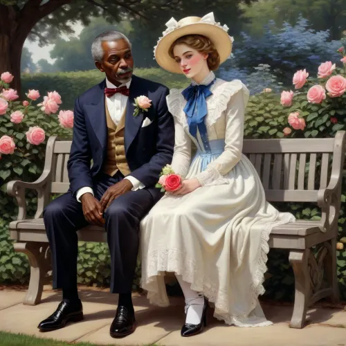 masterpiece, best quality, 1 white noble girl, 1 The black servant, (an very poorly dressed old black man with), A girl sits on a bench and Lustfully looks at a poor old black servant- gardener in a park watering roses, J.C., Leyendecker, Style, page, short, whdbd, A lustful look, blue, dress, jewelry, necklace, bonnet, long, sleeves, bow, lace, trim, frills, pantyhose, country estate, well-kept park, beautiful flower beds, <lora:J.C. Leyendecker Style:.4>, <lora:whdbd XL:.8>