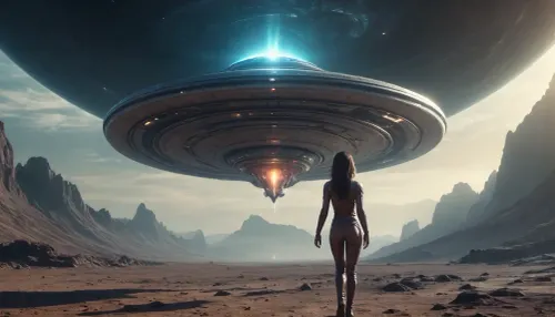space, ganimed planet, flying saucer, alien girl