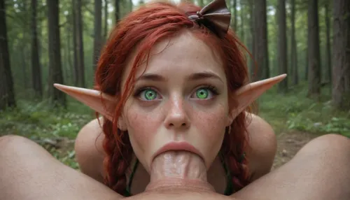 (hyper sexy elf girl with amazing and majestic body), (super white skin with a lots of freckles), (very long elf ears), (big vibrant green eyes), (wide mouth), (long braided red hair), (leather bikini), (wooden bow in the back), ((huge dick deepthroat pov)), (in fantastic forest)