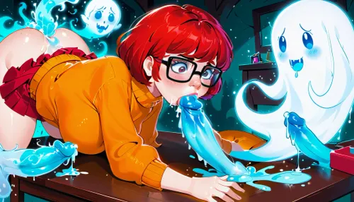 In the style of Jab Comix, cartoon style, Velma Dinkley in a haunted house, jib, jab, jabstyle, Velma is having sex with a glowing blue ghost. ghost penis in vagina. velma is crawling under a desk. ghost is her brother. velma is shocked. another ghost is fucking Velma's mouth. ghost penis in Velma's mouth. ghosts are ejaculating on Velma. ghost cum coming out of Velma's nose. excessive ghost cum all over Velma's body., (bukkake:1)