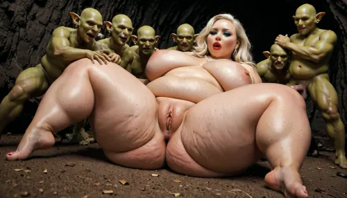 goblin gangbang-, skinny, angry, evil goblins with small cocks groping and fucking a extreme fat Russian beauty, (midget:1.3), milf, (obsess:1.5), (oversized ssbbw:1.5), (oversized thick thighs), (cellulite, 1.3), (Oversized wide hips), Floppy boobs., (Wide large rounded ass), (overfed fat wrinkled belly), Long eyelash. Smokey eyes makeup. Long length straight hair, white blonde hair. Big earrings, big necklace. In petticoat, retro 50s style. Lots of details, high quality photo, 8k photo, rich colors photo, skinny goblins groping a russian ssbbw in the goblin cave
goblins groping and fucking the fat russian ssbbw, Goblin, Mage, Warrior, Shaman, Assassin, fighter, monster, creature, <lora:655889_training_data:.8>, always show the fat russian ssbbw and the angry goblins, (no human !!!), together !!! !!!

-the fat ssbbw is lying flat on her back and spreads her fat legs for a goblin cunilingus-goblin licks her wet gaped pussy !!!
background always in the goblin cave !!