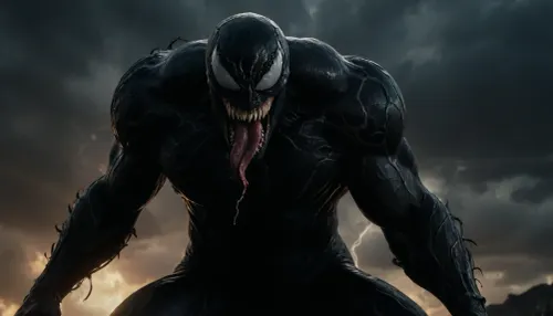 Venom, (character from marvel cinematic universe), — towering, muscular, and oozing with inky-black tendrils, his mouth open in a menacing snarl, sharp teeth gleaming. In the sky above them, a glowing rift is opening, hinting at a multiverse collision. The scene is moody, with a stormy atmosphere and lightning crackling across the sky. look ready for battle, their eyes glowing with determination, full body