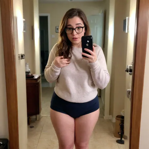 A chubby, 30 year old nerdy looking woman taking a mirror selfie with no makeup, sweaty, messy brown hair, acne, glasses, big nose, wearing a sweater. Full body photo, Bad lighting, bad angle, gross, saggy, unflattering, greasy, natural, ass, ass cheeks, thighs, bottomless iphone, mirror, selfie, holding, <lora:phone_v01:1>