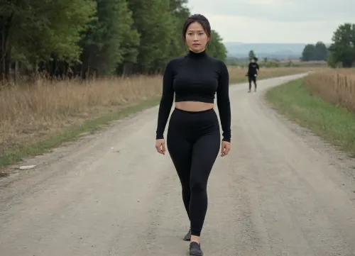 a thick single woman is squatting and presenting herself as a prostitute, this thick 35-year-old Chinese woman, with a thick waist and wide hips, the setting is a narrow quiet rural dirt road, wearing black yoga pants and a turtleneck sweater, the woman is short and thick. the old man is walking towards her.the deserted parking lot is located on farmland and is located next to a narrow quiet dirt road. the woman is thick, the woman is looking towards the camera, Radiant, Darkness, <lora:233007_training_data:1.6>