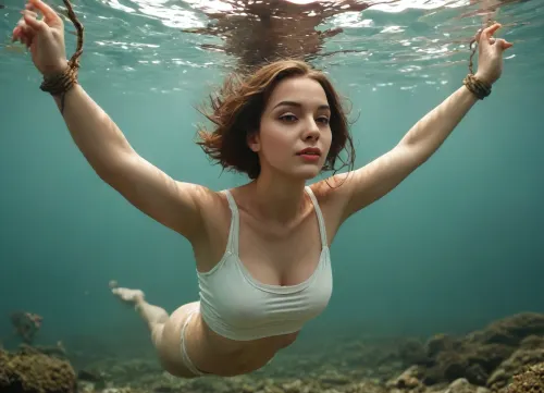 Beautiful 30 year old Indonesian woman. Well-built body, round and slightly plump face. Black fine hair with pink eyeshadow. Pink glossy lip tint. lies dead on the bottom, eyes closed, thin lips closed, Realistic style, even lighting Diving, showing cleavage from above, Underwater, Ocean, <lora:drkmdatmsfXL:1.2>, Diving underwater. Diving underwater, full body view, in a sexy white tank top with a deep neckline

Body tangled and tied up, light BDSM vibrations, <lora:MIAOKA_shutengyi_xl_v1.0:.4>, grabbing my tits, grabbing tits

Hands tied up, <lora:Leafy_World:.8>