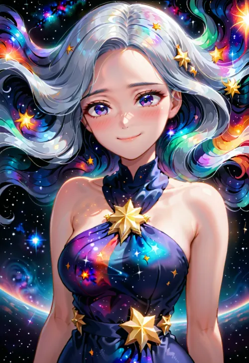 (galaxy:.8), (cosmic nebula:.8), (cuteness:.5), (calmness:1), woman 26 yo, with, (sensual, romantic face), (long silver hair), thin waist