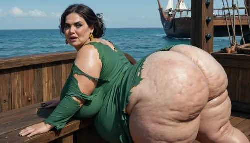 17th. century- chubby, 1 solo woman- extreme fat, obese, slight cellulite, overfed, fat rolls belly, fat, wobbly ass, wide hips, fat double chin face bbw spanish mature aristocrat women, ((torn, green dress, diamonds, jewelry)), ((dark hair)), (makeup), groped by angry, ugly, horny, extreme skinny bearded, old british pirates, (complete pirates style clothed, 17th.century-not nude!!), with small cocks on pirates ship, sotprt, <lora:Pirates-Sotprt-XL:.8>, background on the deck of an old pirate ship
show only 1 woman and the pirates !!!