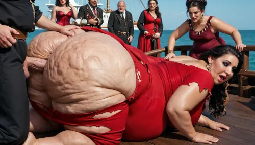 17th. century- chubby, extreme fat, obese, slight cellulite, overfed, fat rolls belly, fat, wobbly ass, wide hips, fat double chin face bbw spanish mature aristocrat women, ((torn, red dress, diamonds, jewelry)), ((dark hair)), (makeup), ((doggystyle)), gang rape by ugly, horny, skinny bearded, old british pirates, (complete pirates style clothed, 17th.century-not nude!!), with small cocks on pirates ship, sotprt, <lora:Pirates-Sotprt-XL:.8>, background on a old pirate ship