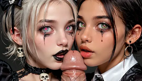 8k, highest detail, photo realistic, super close up, 2 goth girls, hyper detailed lips, (girl 1/2 is wearing dark black lipstick, has a chubby fat face is very pale skinned, she has beautiful eyes, she has black cat eye make up, her pupils are skulls, she has a mischievous look on her face), (girl 2/2 is wearing white lipstick, she is a tan latina girl, she is wearing white lipstick, her pupils are hearts, her makeup is ruined, they are looking at each other, her eyes are watering, she can't breathe, she looks panicked, her mascara is running, ruined makeup, there is a huge cock protruding out of her mouth), only thier mouths nose and eyes are visible, close_up_detailed_shot_of1, green, eyes, blue, perfecteyes, <lora:close_up_detailed_shot_of1:1.8>, <lora:PerfectEyesXL:1.6>