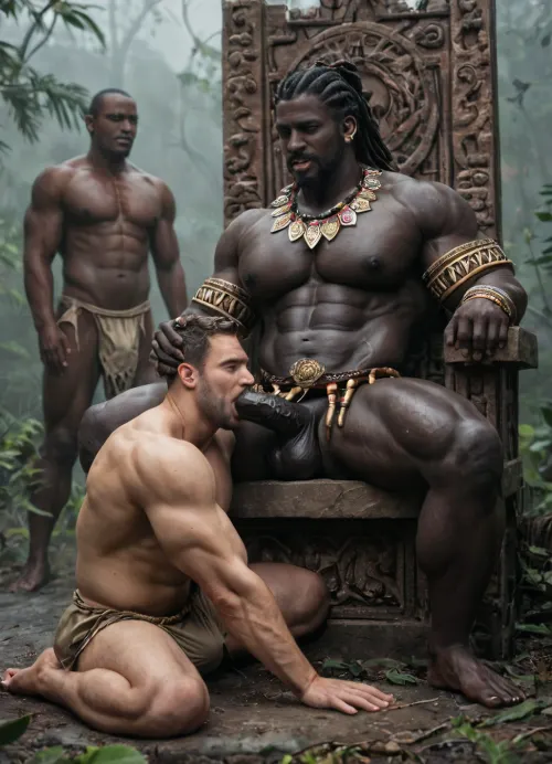 African village, jungle king, bkack jungle king, ripped tribal costume, suck black dick, giving blowjob to black man, the black man is a king, sitting on throne, many naked black men around, harem, all men are wearing tribal costume, muscular, super manly look, angry, fog, (fog:1.3), A black slut daddy, 60-years-old, muscles, big pecs, (big pecs:1.3), big bulge, big booty, (big booty:1.6), full beard, big thick mustache, (dreadlocks hair:1.1), dark black skin, (black skin:1.4), (old black daddy:1.4), only gay men, gay sex scene, hardcore, hot gay, no woman