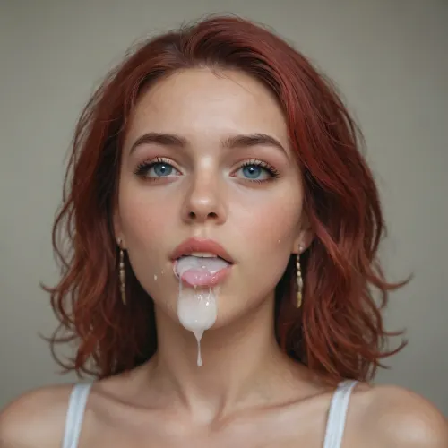 A 30 year old red haired woman with multiple used condoms in her mouth. Surrounded by used condoms, cum, semen, cum bubbles