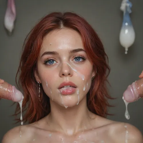 A 30 year old red haired woman with multiple used condoms in her mouth. Surrounded by used condoms, cum, semen, cum bubbles, facial, bukkake