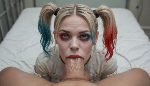 (Harley Quinn), (restrained by white straitjacket:1.4), (drugged face:1.8), (wet huge dick:1.4), (extreme oral sex:1.4), (pov), (mental hospital room)