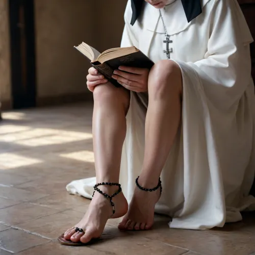 Cinematic picture of a fully clothed nun reading the bible with on naked foot up, showing her wet sole, a rosary hanging from her ankle, realistic lighting, 4k epic details, perfect fingers, peaceful expressions, full scene, full-body, full body shot, side view shot, (foot)