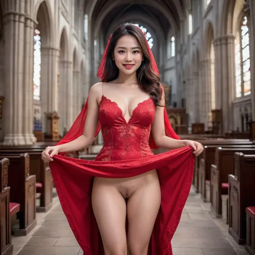 beautiful sexy 40 year old Vietnamese woman, Vietnamese traditional putfit, Vietnamese milf, no makeup, Brown eyes, red ao dai, red wedding dress, red veil, Vietnamese shy smile, innocent, bare legs, pulling up dress, standing in cathedral, upskirt, good hands, perfect fingers, (vagina), (hairy pussy:1.3), focus on pussy, 8k, ultrarealistic, photographic, skirt lift, pose pulling up dress, dress lift, <lora:skirtlift_xl:.8>