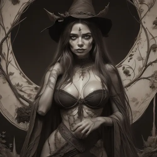 A detailed, sepia-toned wood carving in the Gothic style depicts a topless witch with long, wavy hair, a pointed, leaf-decorated hat, and a tattered cape. Her face is painted grotesque. Surrounding her are skulls, bats, and twisting, thorny vines, creating a macabre, eerie atmosphere. The background is densely filled with intricate, organic patterns, creating a dark, mystical atmosphere. #©KITTYART

























#©KITTYART