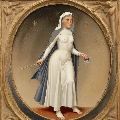 medieval painting, a clothed nun, on foot is naked and raised to show her wet sole, her sole is wet with milk, she has a halo on her head, her face expression is sarcastic