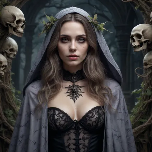 A detailed, pastel colored Gothic-style drawing. It depicts a coquettish witch with long, wavy hair, wearing a tattered cloak. topless. Her face is painted grotesque. Surrounding her are skulls, bats, and twisting, thorny vines, creating a macabre, eerie atmosphere. The background is densely filled with intricate, organic patterns. Dark, mystical atmosphere. #©KITTYART

























#©KITTYART