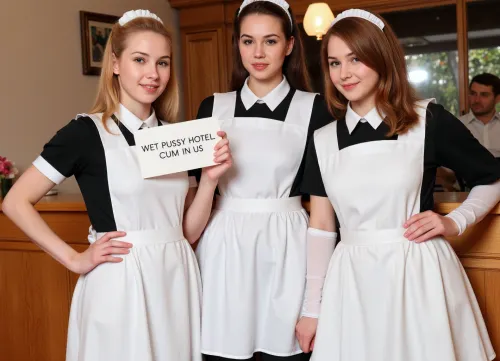 Three petite young women, wearing maid uniforms, different haircolors, standing at a hotel reception.
They hold a sign with text "WET PUSSY HOTEL, CUM IN US".