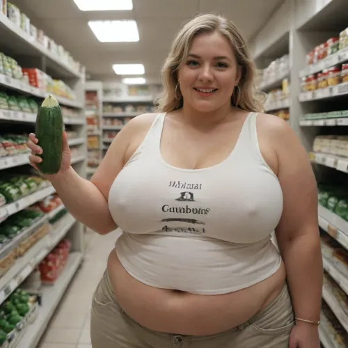 ((showing one huge thick cucumber)), old obese ssbbw fat woman, more than 600lbs, blonde, (semi clothed:1.6), tight tank top, everyday life scene, in supermarket, super happy and proud to be a hyper fat woman, full gigantic flabby body, hyper huge fat woman