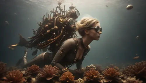 a slim, flat-chested blonde woman dives over colorful corals against the backdrop of a wide shot of her steampunk submarine in the far distance behind her, (wearing steampunk diving equipment:1.8), (diving-fins, diving suit, oxygen tank, oxygen mouthpiece), the diving suit is slightly open, sexy, floating blonde hair, bubbles, peaceful, diving, fishes, corals, background, xs-4d-space, ocean, fantasy, steampunk pirates submarine, under the sea, outdoors, photography, steampunknoireai, mad-mecharm, <lora:xs_4d:.6>, <lora:SteamPunkNoireAIp:.4>, <lora:Gearbound_Mechanical_Arm_SDXL:.3>, <lora:MJ52:.8>