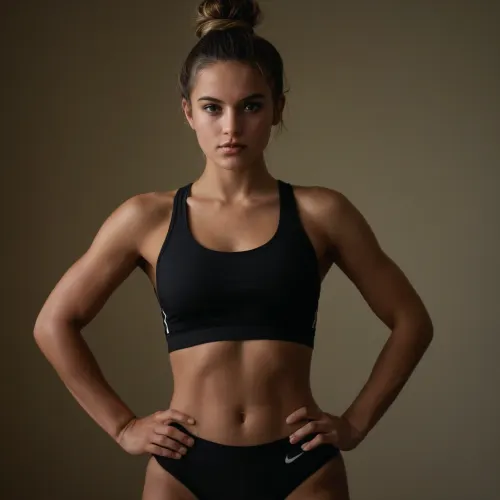 20 year old girl. Tall and lean with a toned, athletic build from years of training. She has black hair with blonde highlights, (either loose or tied in a messy bun), piercing green eyes, slightly tanned skin, and defined muscles, especially her abs and thighs. Her modest chest reflects her low body fat from constant swimming. She has a trimmed crotch with black pubic hair. Her ass is perfectly shaped, firm and medium sized. She wears athletic wear like sports bras or hoodies, paired with leggings or shorts.