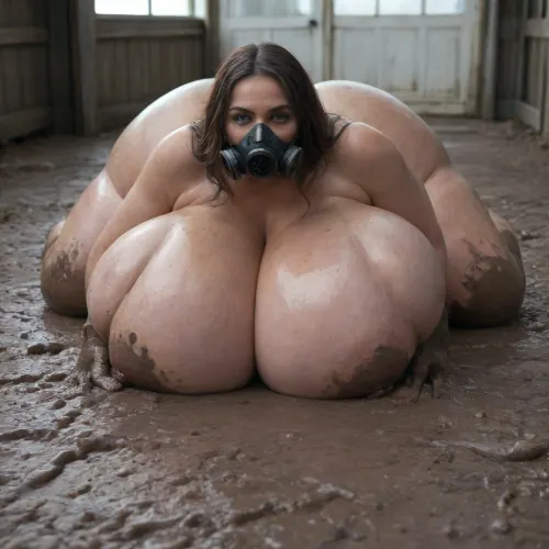 In the barn, a monstrous, very old, obese woman laying on the mud with her thighs apart, wearing a dirty, torn old dress that reveals her enormous, massive, hanging breasts, gas mask, dirty., (opened cleavage:1.3), she's dirty and angry, she looks at me, her tits covered with mud, (huge breasts:1.6), (mud on floor:1.7), (head, 0.01)