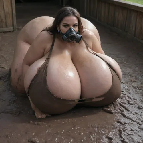 In the barn, a monstrous, very old, obese woman laying on the mud with her thighs apart, wearing a dirty, torn old dress that reveals her enormous, massive, hanging breasts, gas mask, dirty., (opened cleavage:1.3), she's dirty and angry, she looks at me, her tits covered with mud, (huge breasts:1.6), (mud on floor:1.7), (head, 0.01)