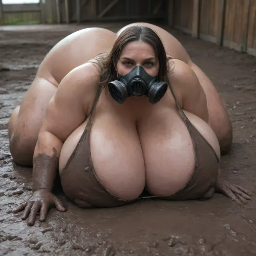 In the barn, a monstrous, very old, obese woman laying on the mud with her thighs apart, wearing a dirty, torn old dress that reveals her enormous, massive, hanging breasts, gas mask, dirty., (opened cleavage:1.3), she's dirty and angry, she looks at me, her tits covered with mud, (huge breasts:1.6), (mud on floor:1.7), (head, 0.01)
