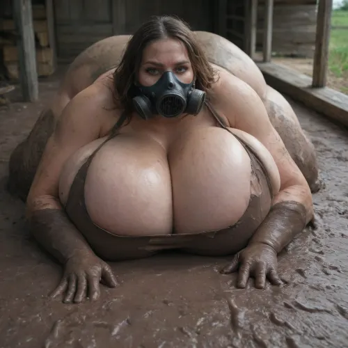 In the barn, a monstrous, very old, obese woman laying on the mud with her thighs apart, wearing a dirty, torn old dress that reveals her enormous, massive, hanging breasts, gas mask, dirty., (opened cleavage:1.3), she's dirty and angry, she looks at me, her tits covered with mud, (huge breasts:1.6), (mud on floor:1.7), (head, 0.01)