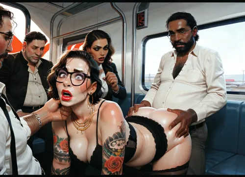 incase style, scared chubby mature women, ((dark bob hair)), ((Lots of jewelry)), ((glasses)), (makeup), ((doggystyle)), gang rape by ugly tattooed mans in train, incase, style, <lora:287175_training_data:.8>