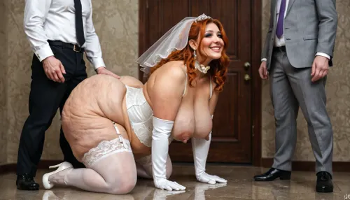 woman, Wedding ceremony, sexy smiling bride, 18 years old stunningly beautiful, extreme fat, obese, cellulite, stuffed, sagging belly, big, faat ass, fat double chin face, ssbbw redhead, (bride veil over her face, white lace bride themed lingerie, corset, stockings, collar, long gloves, high heels), (sexy bride dress revealing meaty naked breasts to old priest, bride bending over to priest, old ptiest groping her hard bride looking up, looking into his eyes, (38DD), (no scars), (perfect skin, skin pores), (hard nipples), closeup, groom, pastor, masterpiece, insanely detailed, professional photography, 8k, UHD, captured with a Nikon D850)