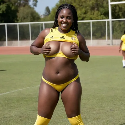 A bright very hot sunny day, on a well-manicured soccer pitch. A naughty, chubby, laughing, Cameroonian, African female athlete type, ((very dark black skin)), standing, very long braids, lifting a yellow football jersey, flashing her magnificent, (black nude huge natural saggy tits), (huge dark areolas), big dark nipples, ((sexy yellow sports panties)), yellow football long socks, black Adidas sneakers, ((full body shot)), full frontal, very realistic scene, high-resolution photo., shirtlift, <lora:shirtlift_SDXL_v2:1>