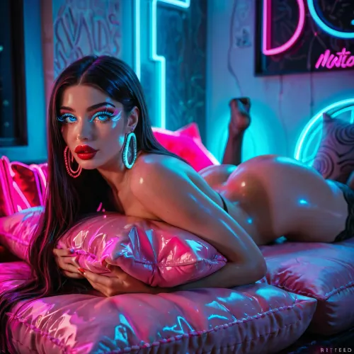 Horny girl long hair, (Long lashes), shiny skin, rich red lipstick, manicure, big hips, big lips, big Boobs, blue long dress, stockings, (neon, on cushions:1.3), leg up, (Neon), clutching, loock at viewer, view from behind, close-up
