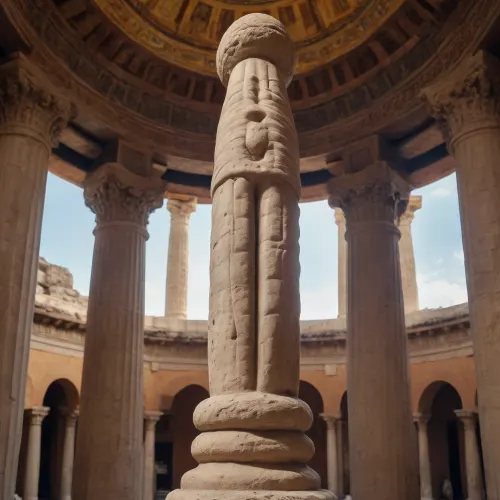 A monumental statue of an erect penis with hanging testicles inside the center of a Grecian style temple.