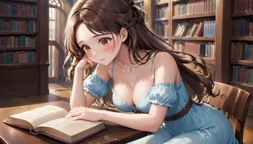 a beautiful young 18 year old librarian, sitting at a table in a library, reading a book, she wears a dress with a low neckline, she is shy and blushes when the observer looks at her, brown long hair in an up-do, despite her shyness her look is very sexy, beautiful brown eyes