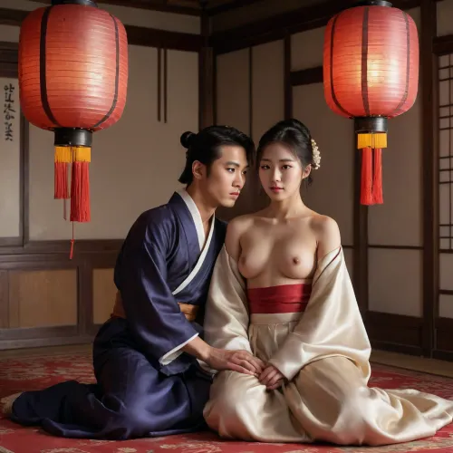 1 Korean male, 1 Korean female, wearing hanbok, enjoying sex, boob poping out, intense sex, cowgirl position, (cowgirl position), Korean couple, 21 year old Korean female, 27 year old Korean male, nude, naked, Having sex in traditional outfits, Sex in hanbok, silk hanbok, sex in the hanbok, Real face, seductive expression, Night time, dim light, late night time, winter weather, sweaty, oily skin, sensual scene, side pose, full body visible, light reflecting from skin, detailed body, real skin, perfect body, perfect feet, perfect hands, Detailed face, both of them are nude, dark scene, dusk, night shadows, 15th century, joseon period, full body in view, in old house, ancient Korean lanterns hanging on the ceiling, evening time, reflections, shadows, Realistic detailed eyes. Realistic skin texture. high quality, photorealistic, hyperrealistic, extremely detailed, high resolution, high resolution face, high resolution eyes, 8k, 15th century Korean house with bed on the ground in the middle of the room, colourful room, flower decorations, Korean paintings, <lora:CowgirlFeetUp:.8>