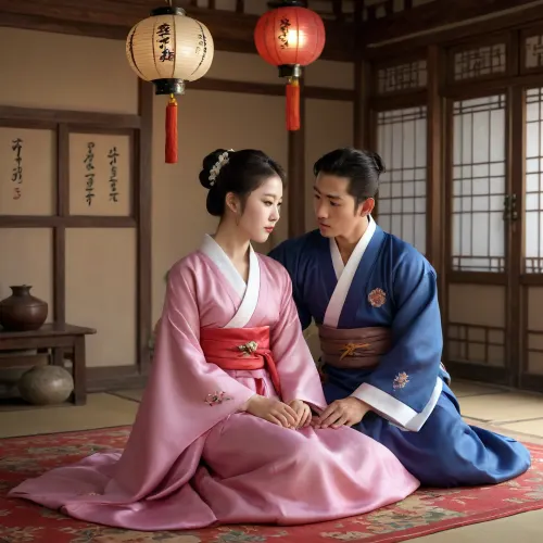 1 Korean male, 1 Korean female, wearing open hanbok, enjoying sex, boob poping out, intense sex, cowgirl position, ((cowgirl position)), Korean couple, 21 year old Korean female, 27 year old Korean male, nude, naked, Sex, cowgirl, traditional rituals, Having sex in traditional outfits, Sex in hanbok, silk hanbok, sex in the hanbok, hanbok sex, sex, sexual situation, sexual tension, intense scene, Real face, seductive expression, Night time, dim light, late night time, winter weather, sweaty, oily skin, sensual scene, side pose, full body visible, light reflecting from skin, detailed body, real skin, perfect body, perfect feet, perfect hands, Detailed face, both of them are nude, dark scene, dusk, night shadows, 15th century, joseon period, full body in view, in old house, ancient Korean lanterns hanging on the ceiling, evening time, reflections, shadows, detailed decorated house walls, detailed fancy Korean paintings on the wall, traditional Korean home, Realistic detailed eyes. Realistic skin texture. high quality, photorealistic, hyperrealistic, extremely detailed, high resolution, high resolution face, high resolution eyes, 8k, 15th century Korean house with bed on the ground in the middle of the room, colourful room, flower decorations, Korean paintings, <lora:CowgirlFeetUp:.8>