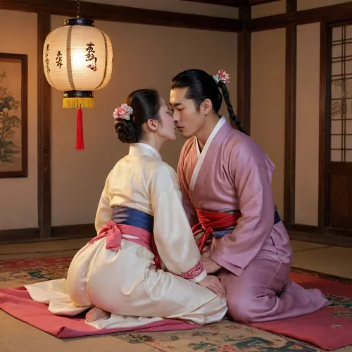 1 Korean male, 1 Korean female, wearing open hanbok, enjoying sex, boob poping out, intense sex, cowgirl position, ((cowgirl position)), Korean couple, 21 year old Korean female, 27 year old Korean male, nude, naked, nude couple, Sex, cowgirl, traditional rituals, Having sex in traditional outfits, Sex in hanbok, silk hanbok, sex in the hanbok, hanbok sex, sex, sexual situation, sexual tension, intense scene, Real face, seductive expression, Night time, dim light, late night time, winter weather, sweaty, oily skin, sensual scene, side pose, full body visible, light reflecting from skin, detailed body, real skin, perfect body, perfect feet, perfect hands, Detailed face, both of them are nude, dark scene, dusk, night shadows, 15th century, joseon period, full body in view, in old house, ancient Korean lanterns hanging on the ceiling, evening time, reflections, shadows, detailed decorated house walls, detailed fancy Korean paintings on the wall, traditional Korean home, Realistic detailed eyes. Realistic skin texture. high quality, photorealistic, hyperrealistic, extremely detailed, high resolution, high resolution face, high resolution eyes, 8k, 15th century Korean house with bed on the ground in the middle of the room, colourful room, flower decorations, Korean paintings, <lora:CowgirlFeetUp:.8>