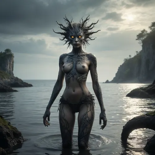 The scene is made on the ocean shore with vegetation in the style of dark fantasy-a dystopia with a very detailed and atmospheric environment. The world in the water is magically infected with glowing anomalies, perverted nature, and the remnants of vanished civilizations. The light is unnatural, casting eerie shadows . Creature sexy girl and characters \ \ mystical, hybrid, animal-like anthropomorphic creatures with dangerous or wild traits. The art style combines elements of medieval fantasy.